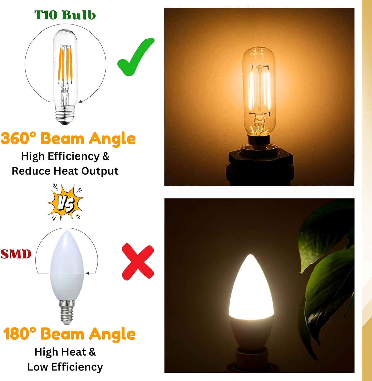 LED 60W Equivalent Clear Filament 2700K/3000k (warm white) T10 Edison Base E26 450LM CRI90 Dimmable LED Light Bulb (6-Pack)