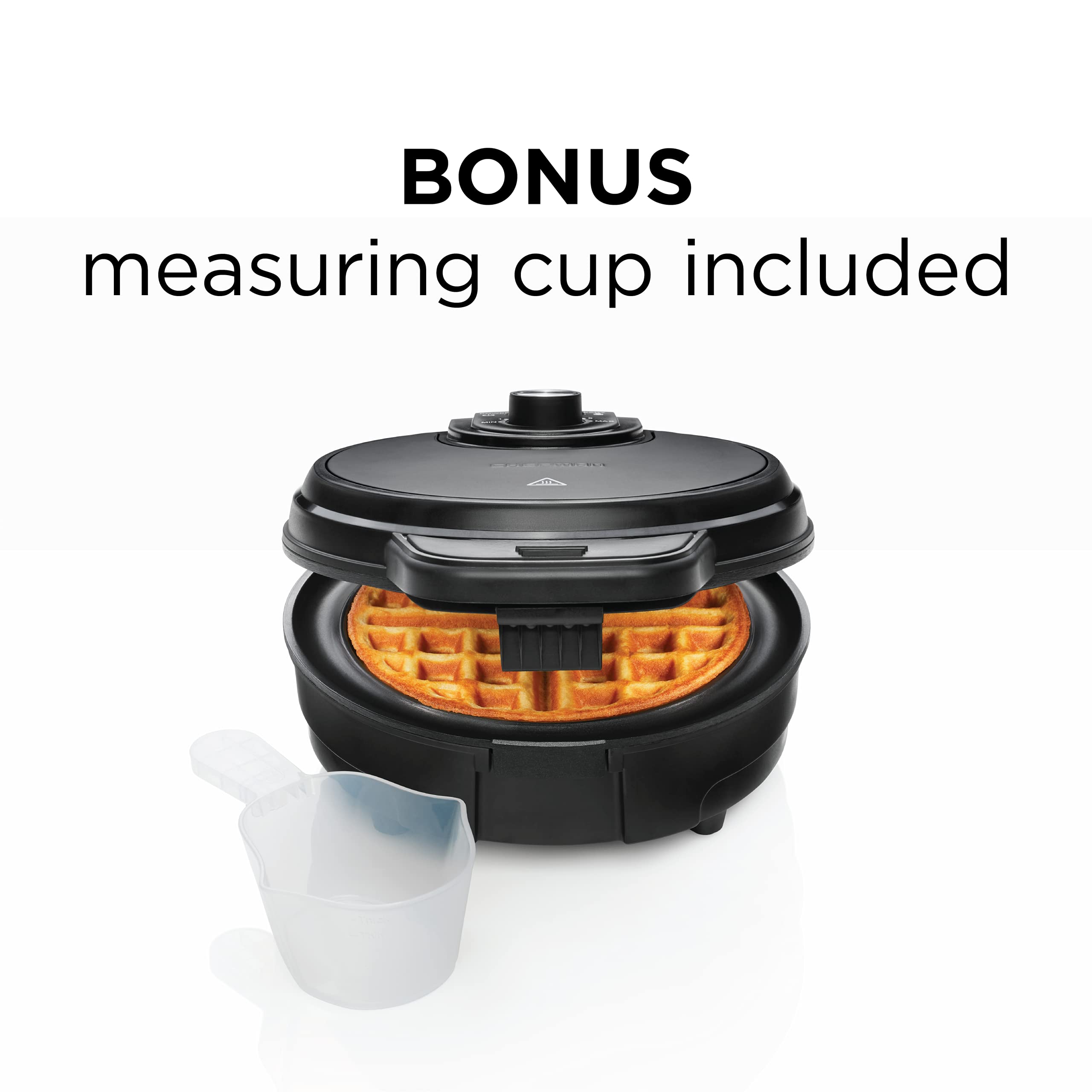 Anti-Overflow Belgian Waffle Maker w/Shade Selector, Temperature Control, Mess Free Moat, Round Nonstick Iron Plate, Cool Touch Handle, Measuring Cup Included, Black Stainless Steel