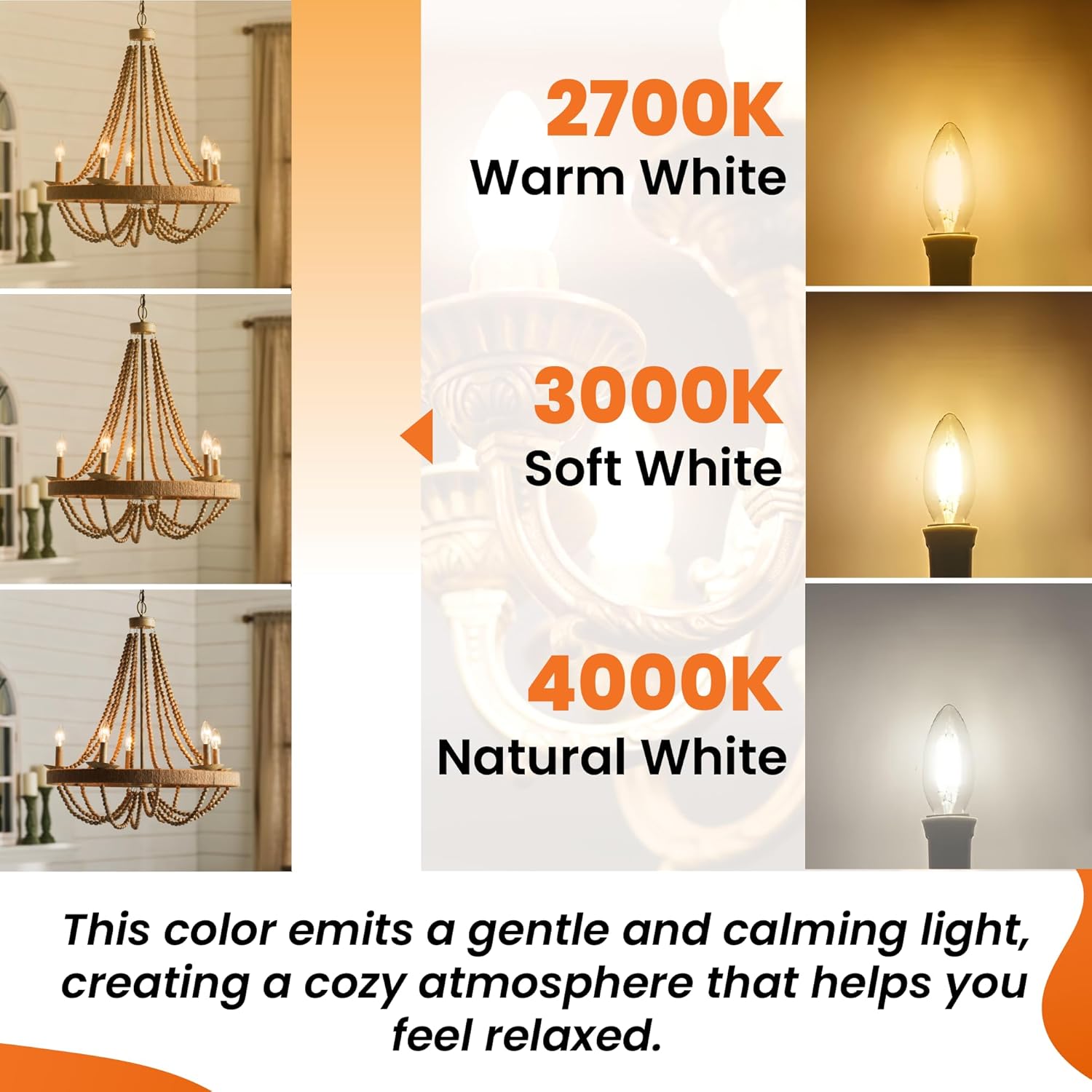 LED Filament Clear Candelabra 3000K 6W= 60W E12 CRI90 ES Dimmable- Pack of 6