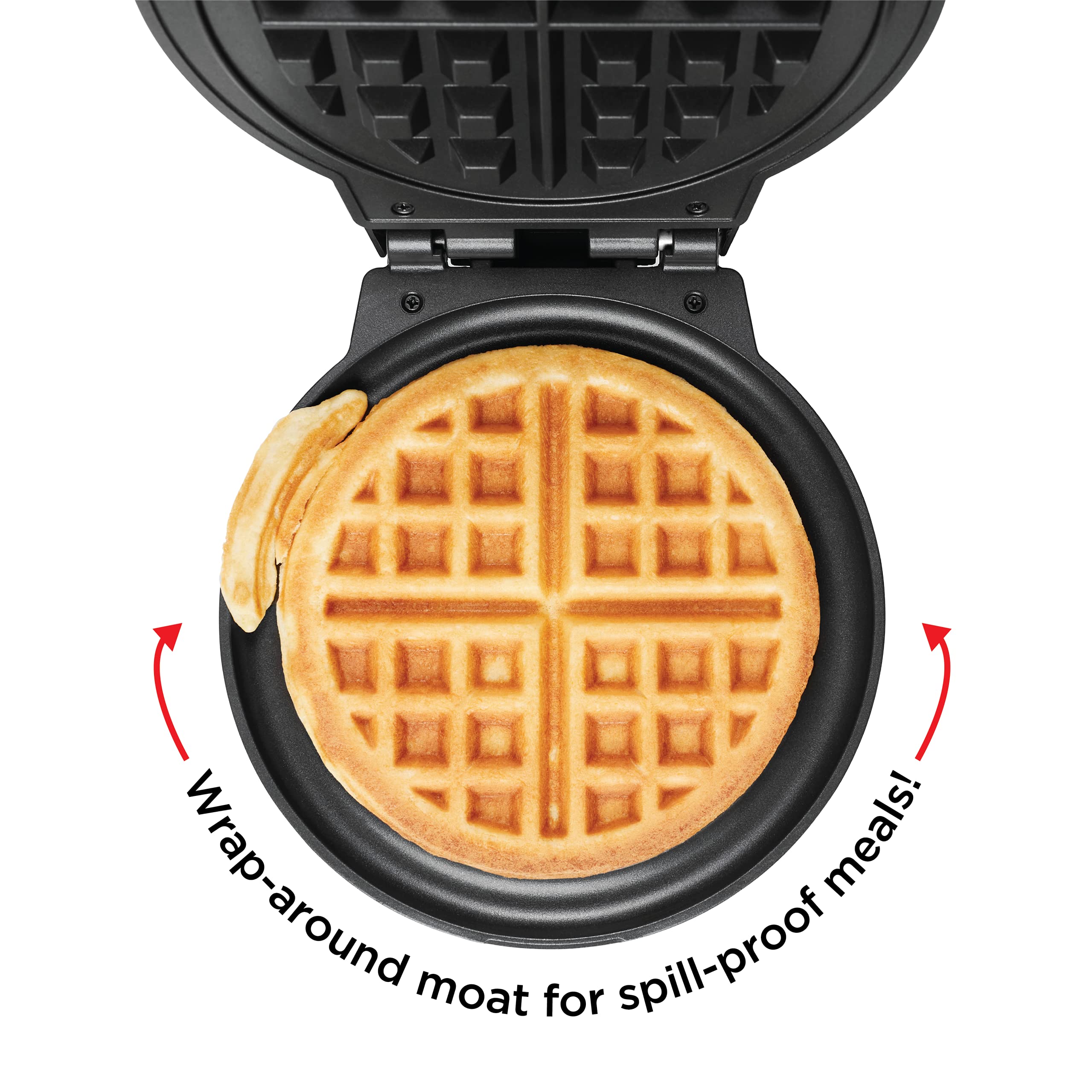 Anti-Overflow Belgian Waffle Maker w/Shade Selector, Temperature Control, Mess Free Moat, Round Nonstick Iron Plate, Cool Touch Handle, Measuring Cup Included, Black Stainless Steel