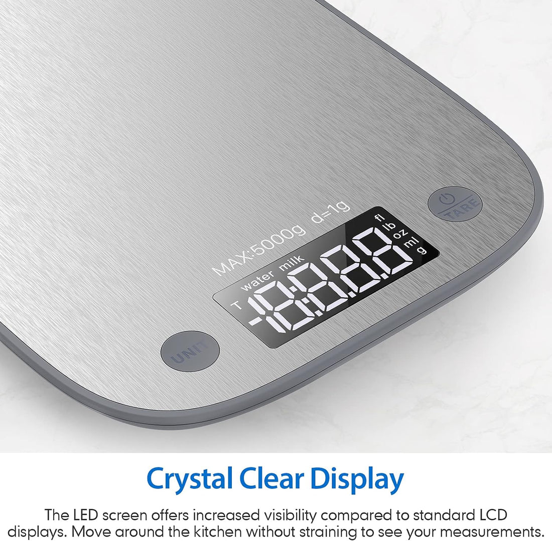 Digital Food Kitchen Scale, Measures in Grams and Ounces for Baking, Cooking, Weight Loss, 304 Stainless Steel, Silver