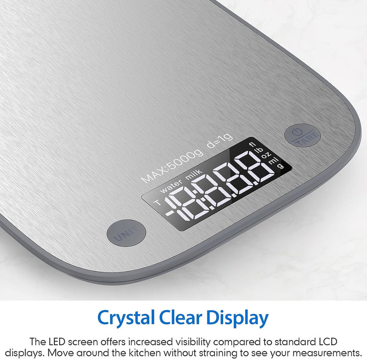 Digital Food Kitchen Scale, Measures in Grams and Ounces for Baking, Cooking, Weight Loss, 304 Stainless Steel, Silver