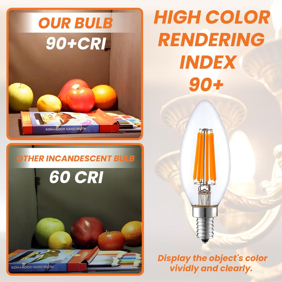 LED Candelabra, E12 BASE, 6W=60Watt, 600 Lumens, Clear Filament, 3000K, CRI90, CETL, Dimmable (Pack of 10)