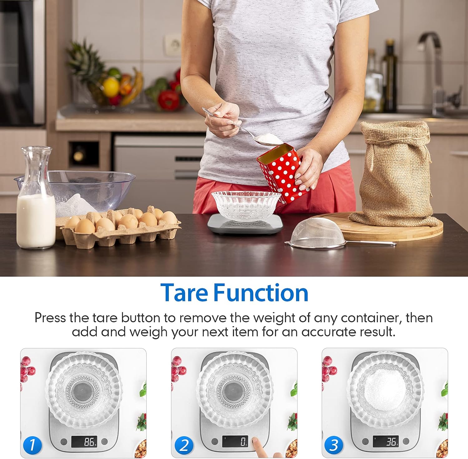 Digital Food Kitchen Scale, Measures in Grams and Ounces for Baking, Cooking, Weight Loss, 304 Stainless Steel, Silver