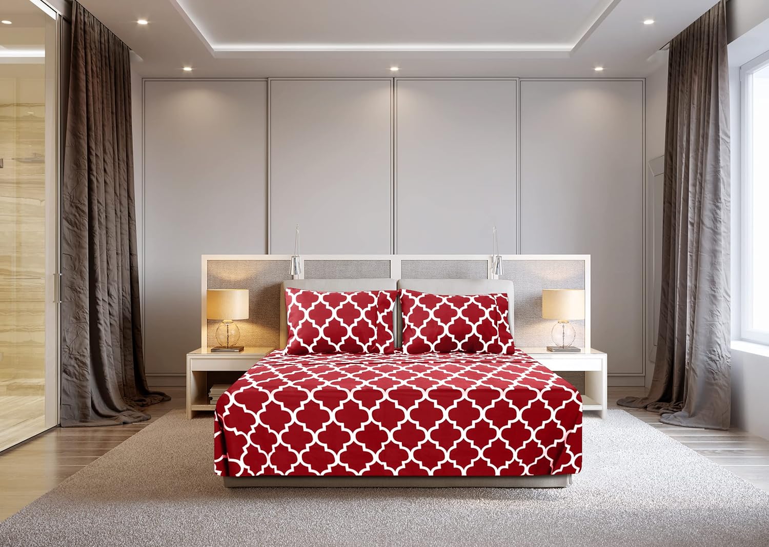 Cymak Bedding Printed Queen Sheet Set - 1 Fitted Sheet, 1 Flat Sheet and 2 Pillowcases - Soft Brushed Microfiber Fabric - Shrinkage and Fade Resistant (Queen, Burgundy Quatrefoil with White Pattern)