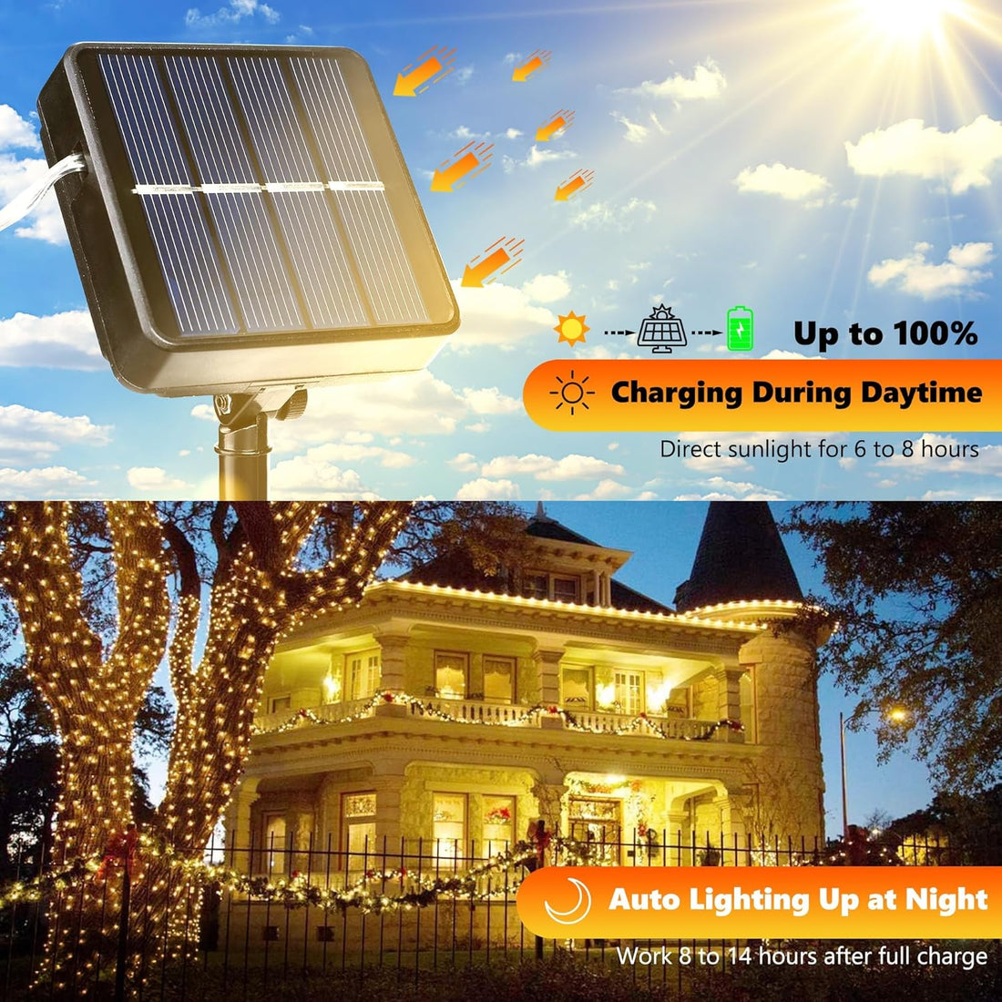 Solar String Lights Outdoor, 2Pack Total 80FT 240LED 8 Modes Solar Fairy Lights, Super Bright Waterproof Twinkle Lights for Tree, Patio, Garden, Outdoors (Warm White) Free and fast delivery.
