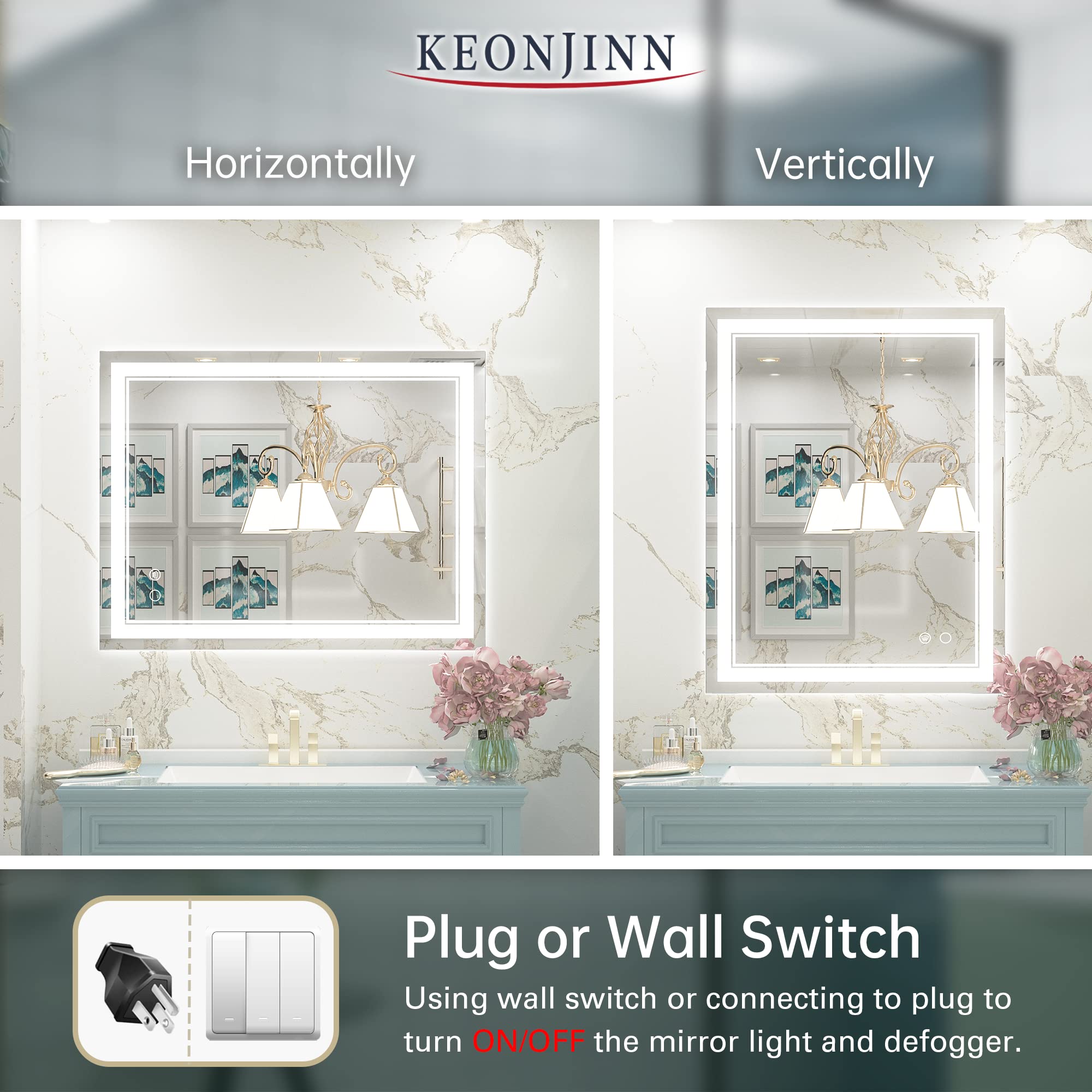 Cymak LED Mirror Bathroom Mirror with Lights, Lighted Vanity Mirror, Wall Mounted Anti-Fog Dimmable Lighting Makeup Mirrors, IP54 Waterproof Shatterproof (Vertical or Horizontal)