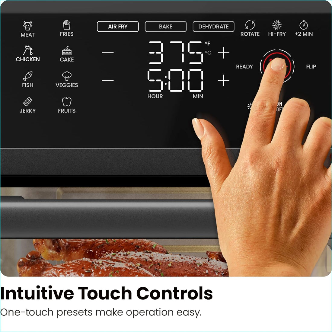 Cymak Air Fryer Oven - 12-Quart 6-in-1 Rotisserie Oven and Dehydrator, 12 Presets with Digital Timer and Touchscreen, Family Size XL Airfryer Countertop Convection Oven, Dishwasher-Safe Parts, Black