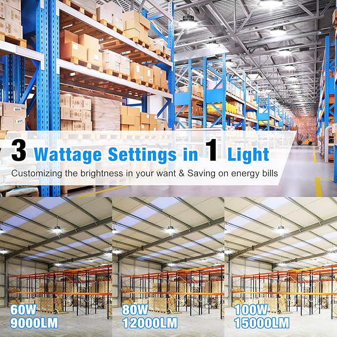 UFO LED High Bay Light,Pre- select 3 wattage 80w-120w-150 watts,3 CCT 3000k-4000k-5000k,12180-26995 lumens,120-347Volts-9 ft power cord,IP65,Cul/Ul/DLC,2Pack