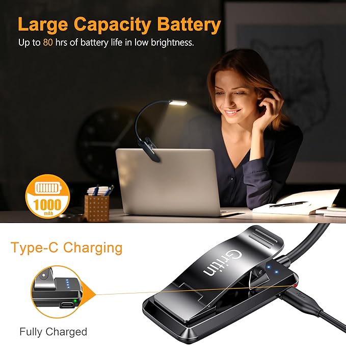 LED Rechargeable Book Light for Reading in Bed-Eye Caring 3 Color Temperatures,Stepless Dimming Brightness,80 Hrs Runtime Small Lightweight Clip on Book Light for Reading,Studying,Free and fast shipping.