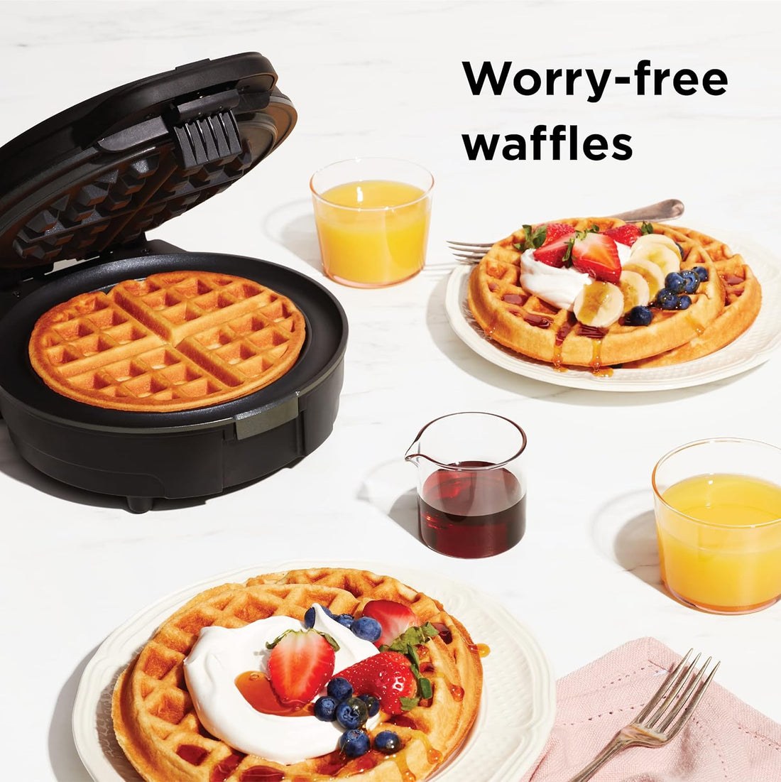Anti-Overflow Belgian Waffle Maker w/Shade Selector, Temperature Control, Mess Free Moat, Round Nonstick Iron Plate, Cool Touch Handle, Measuring Cup Included, Black Stainless Steel