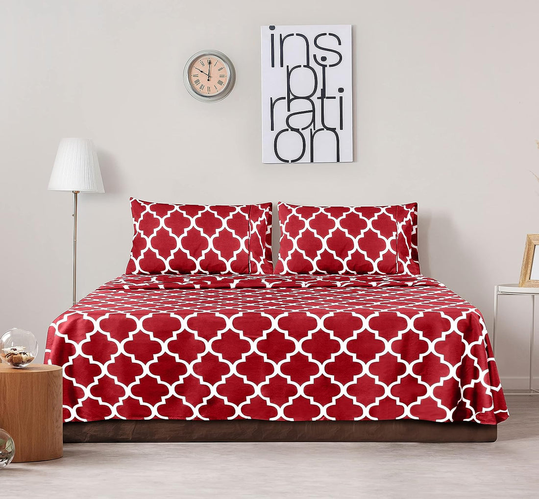 Cymak Bedding Printed Queen Sheet Set - 1 Fitted Sheet, 1 Flat Sheet and 2 Pillowcases - Soft Brushed Microfiber Fabric - Shrinkage and Fade Resistant (Queen, Burgundy Quatrefoil with White Pattern)