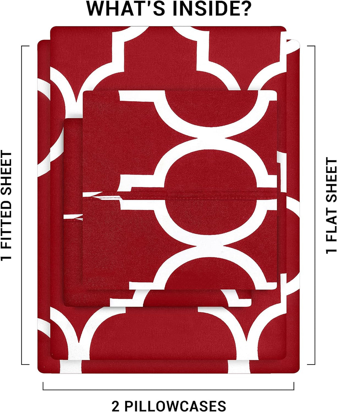 Cymak Bedding Printed Queen Sheet Set - 1 Fitted Sheet, 1 Flat Sheet and 2 Pillowcases - Soft Brushed Microfiber Fabric - Shrinkage and Fade Resistant (Queen, Burgundy Quatrefoil with White Pattern)