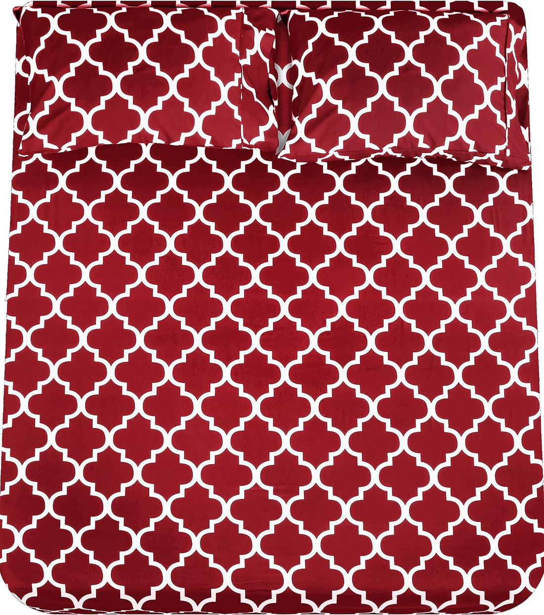 Cymak Bedding Printed Queen Sheet Set - 1 Fitted Sheet, 1 Flat Sheet and 2 Pillowcases - Soft Brushed Microfiber Fabric - Shrinkage and Fade Resistant (Queen, Burgundy Quatrefoil with White Pattern)