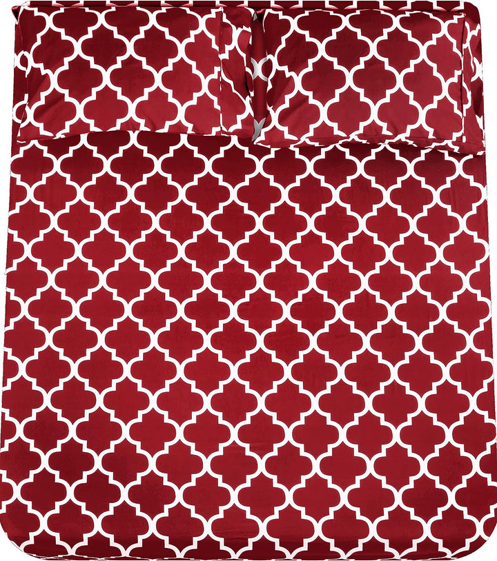 Cymak Bedding Printed Queen Sheet Set - 1 Fitted Sheet, 1 Flat Sheet and 2 Pillowcases - Soft Brushed Microfiber Fabric - Shrinkage and Fade Resistant (Queen, Burgundy Quatrefoil with White Pattern)