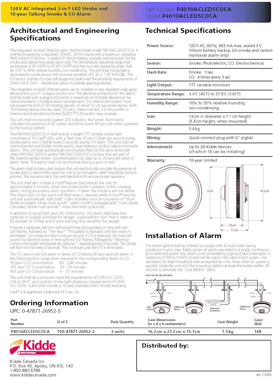 Cymak P4010ACLEDSCOCA 120 VAC Integrated 3-in-1 LED Strobe and 10-Year Talking Smoke & CO Alarm