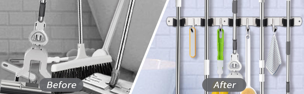 5 Racks and 4 Hooks Mop and Broom Holder Wall Mount, Broom Organizer Storage Tool Racks Stainless Steel Heavy Duty Hooks Self Adhesive Solid Non-slip for Home Kitchen Garden Laundry Garage, free and fast delivery.