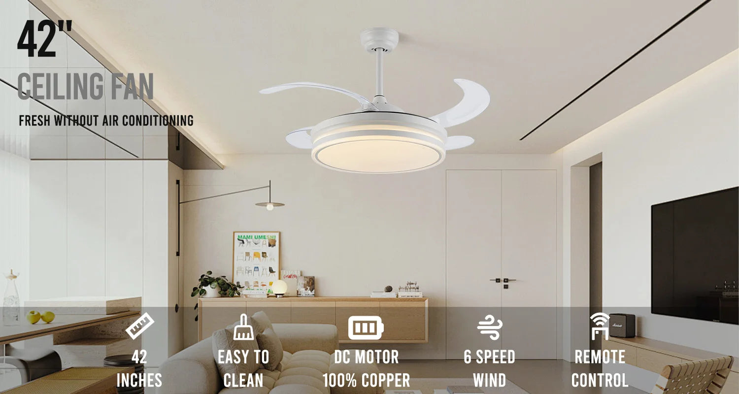 Chandelier Fan 42 Inch Invisible Retractable Ceiling Fan Smart 3 Color Dimmable Ceiling Fan with Light Ventilador De Techo,free shippping, delivery 60 days.