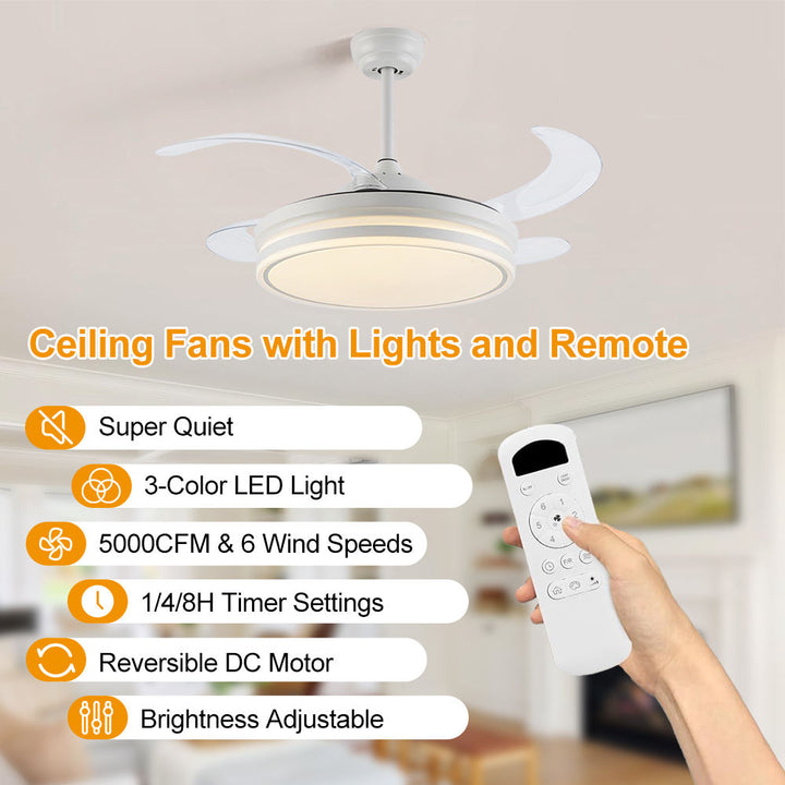 Chandelier Fan 42 Inch Invisible Retractable Ceiling Fan Smart 3 Color Dimmable Ceiling Fan with Light Ventilador De Techo,free shippping, delivery 60 days.