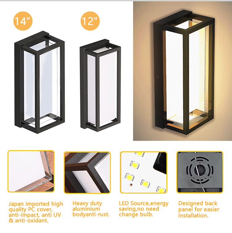 Pack of two,12Inch Lantern Wall Light Modern Outdoor Porch Patio Fixture Exterior LED Rectangle Sconce 5CCT IP65 Anti-UV PC Photocell Senso.ETL Certified,.Free Shipping delivery 45 days.