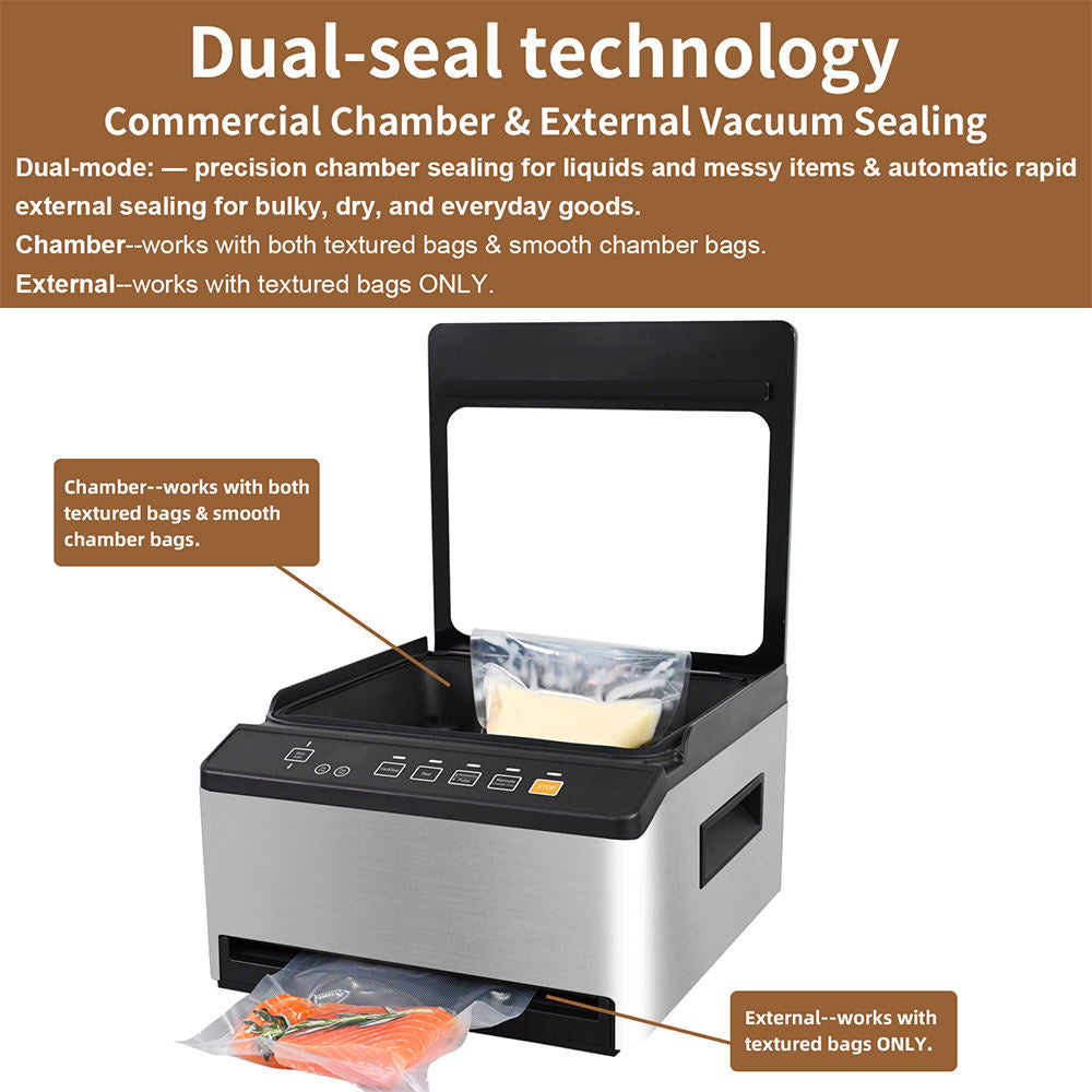 Dual-Seal Commercial Vacuum Sealer for Juicy Food and Liquids -98Kpa Chamber Vacuum Sealer Machine With Start Kit Sealer Bag,ETL Certified. Free shipping, delivery 60 days.