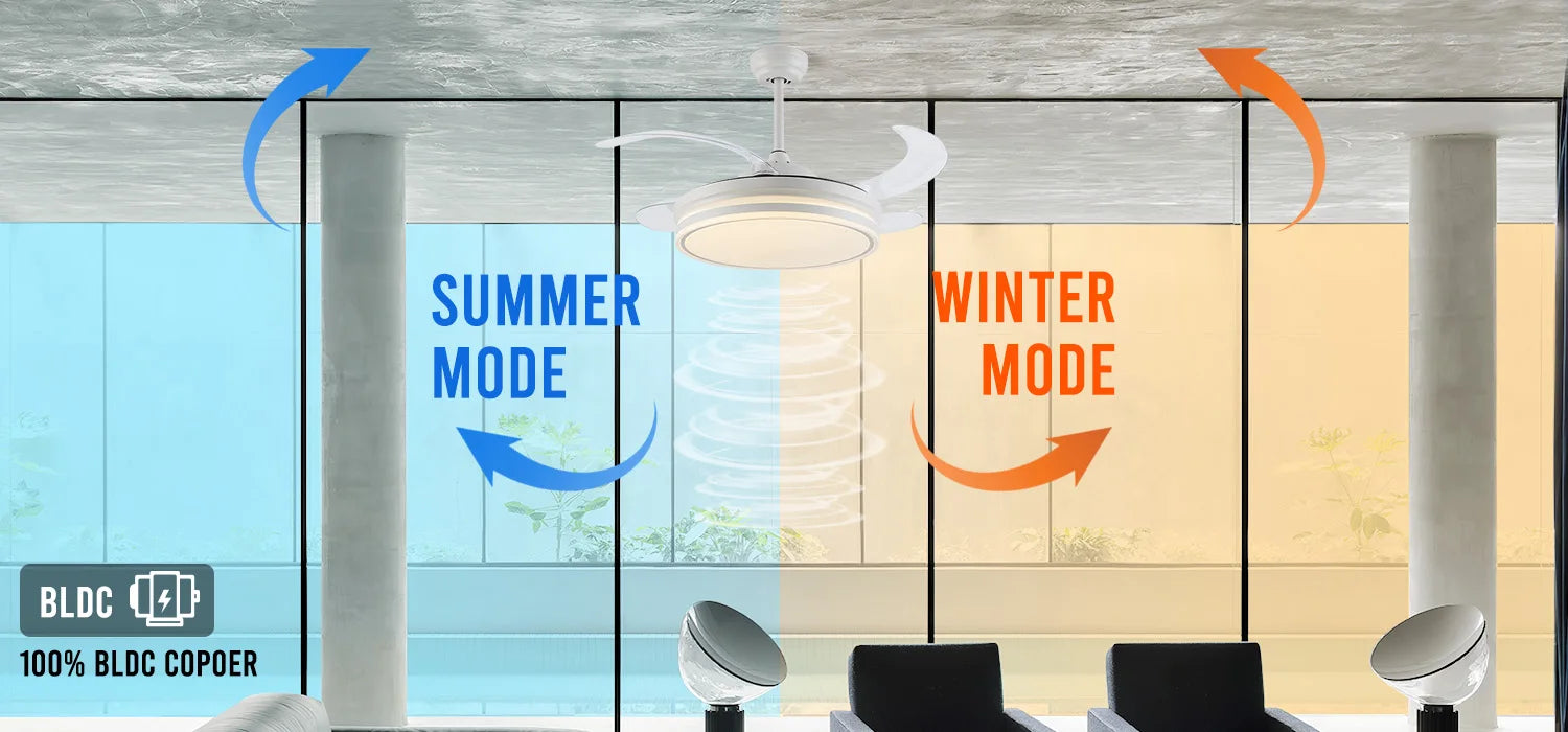 Chandelier Fan 42 Inch Invisible Retractable Ceiling Fan Smart 3 Color Dimmable Ceiling Fan with Light Ventilador De Techo,free shippping, delivery 60 days.