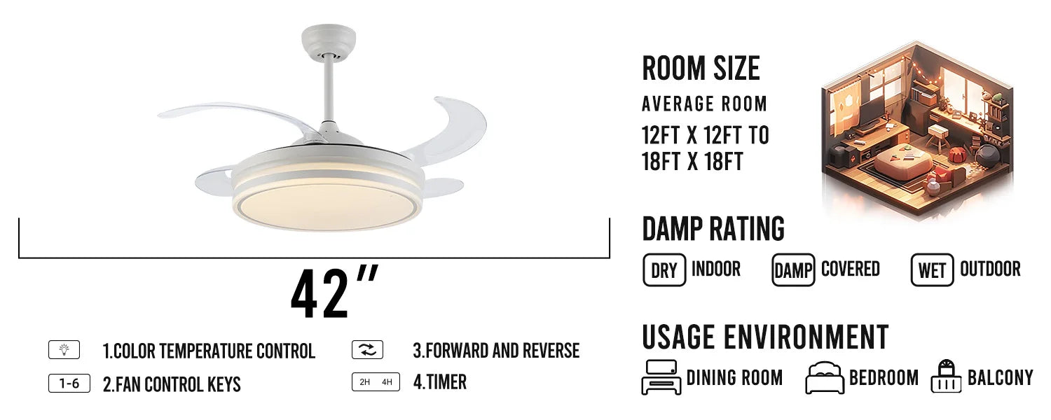 Chandelier Fan 42 Inch Invisible Retractable Ceiling Fan Smart 3 Color Dimmable Ceiling Fan with Light Ventilador De Techo,free shippping, delivery 60 days.
