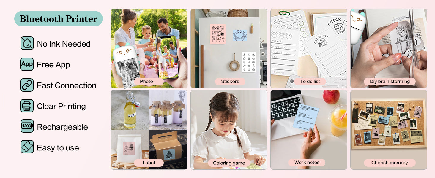 Mini Printer Portable, Inkless Sticker Printer with 8 Rolls Paper, Bluetooth Wireless mini Thermal Printer Compatible with iOS + Android for Journal, Memo, Photo, Print Pod Gifts for Girls Kids,Colour Name: Blue. Fast and free shipping.