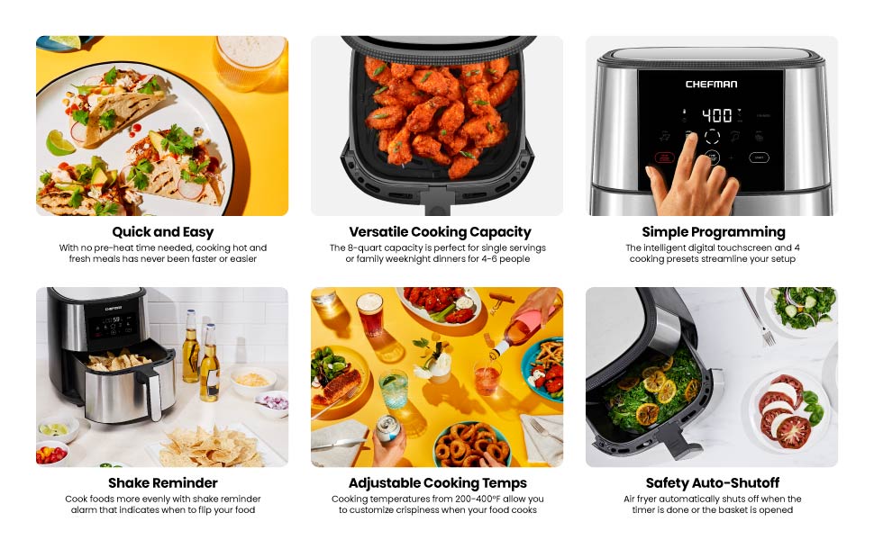 TurboFry® Touch Air Fryer, XL 8-Qt (7.5L) Family Size, One-Touch Digital Control Presets, French Fries, Chicken, Meat, Fish, Nonstick Dishwasher-Safe Parts, Automatic Shutoff, Stainless Steel.Free shipping,fast delivery.