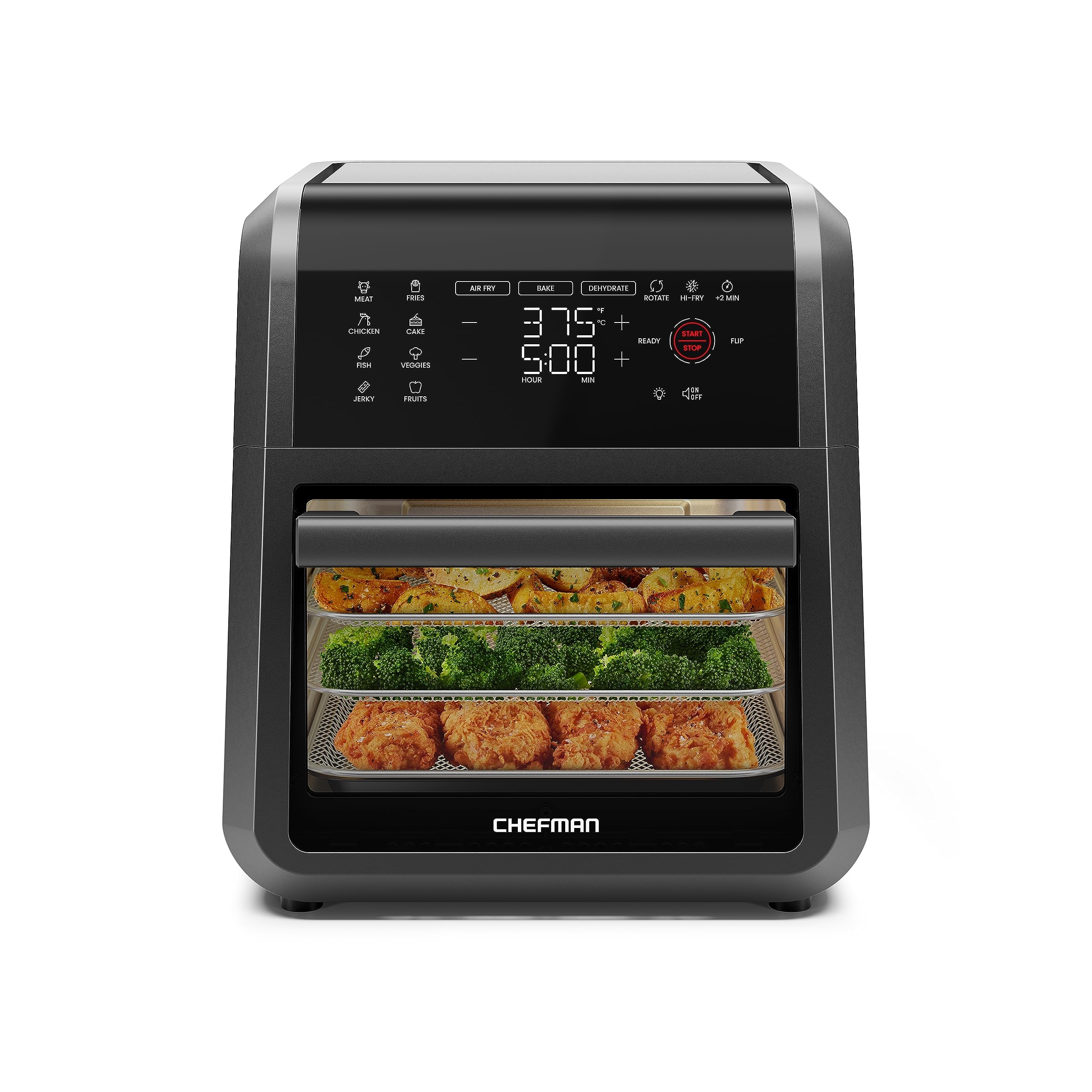 Cymak Air Fryer Oven - 12-Quart 6-in-1 Rotisserie Oven and Dehydrator, 12 Presets with Digital Timer and Touchscreen, Family Size XL Airfryer Countertop Convection Oven, Dishwasher-Safe Parts, Black