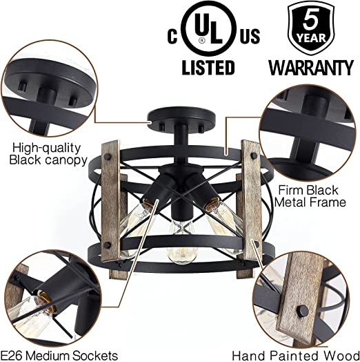 Flush Mount Light Fixture,13-inch Rustic Ceiling Light Fixture,Matte Black Finish,3-Light Farmhouse Light Fixtures for Living Room,Kitchen,Bedroom,Dining Room,Foyer,Hallway,Ceiling. Certification UL.Free shipping to Canada.limited time deal.