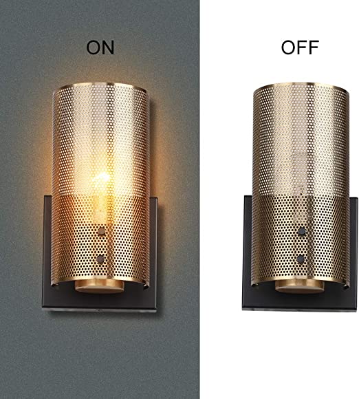 Industrial Wall Sconces Set of Two, Vintage Brass Gold Sconces Wall Lighting Fixture with Grid Mesh Shade, Indoor Hardwired Wall Sconces for Bedroom Home Theater Bathroom, cUL Listed