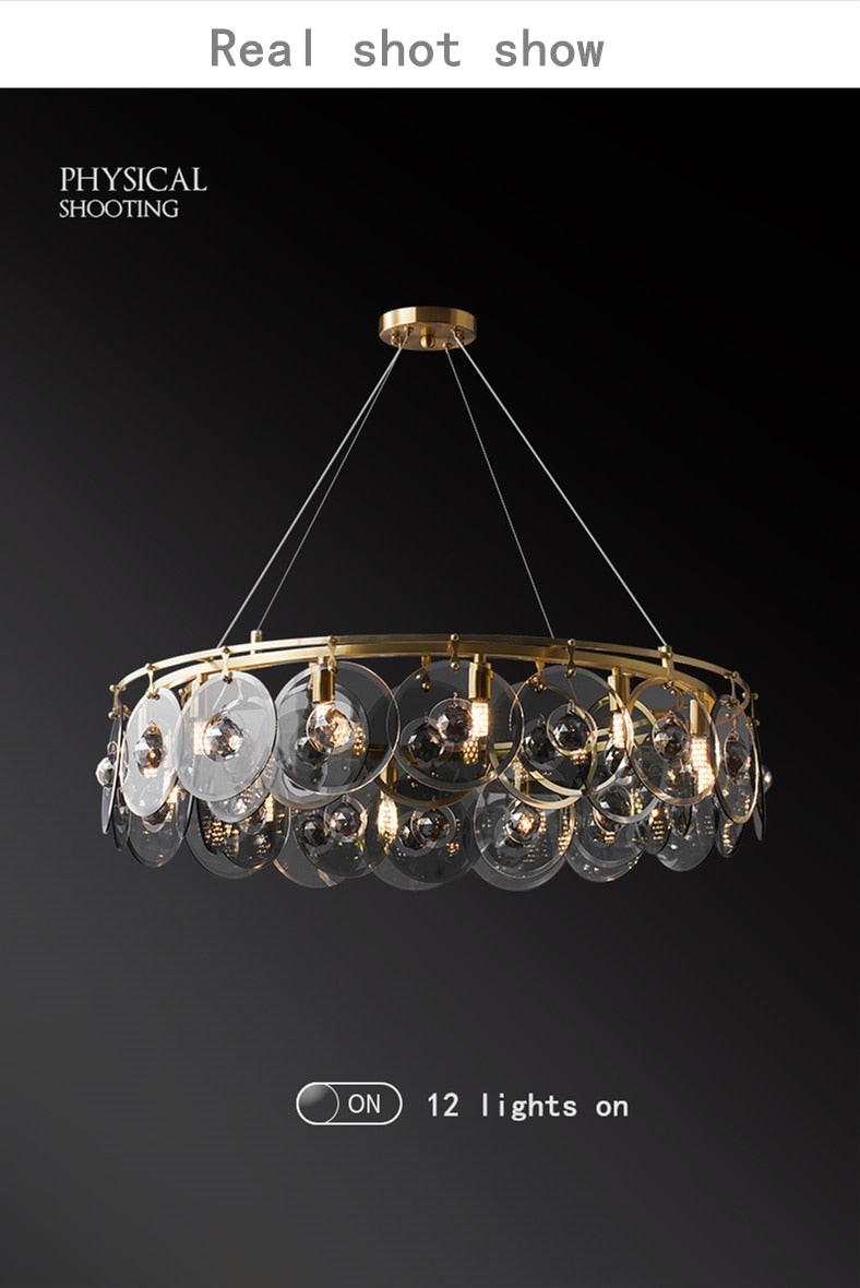 Round Pendant Lamp Black Glass Copper Lighting Crystal Chandelier Villa Hall Led Dining Room