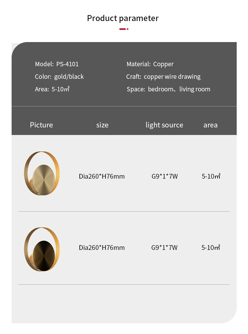 Modern Copper Wall Lamp Living Room Decor TV Background Luxury Light Corridor Bedroom Bedside Round Wall Lamp.Free shipping to Canada, delivery 60 days.