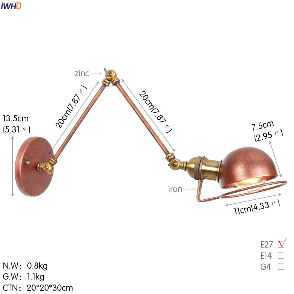 White Adjustable Swing Long Arm Wall Light Fixtures Bedroom Stair Bathroom Edison Loft Vintage Wall Lamp Sconce Lighting.Certification: UL