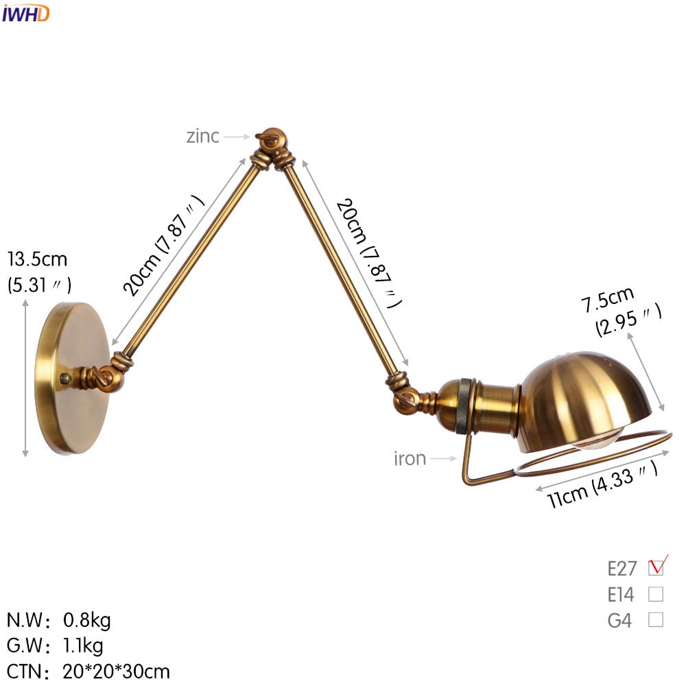 White Adjustable Swing Long Arm Wall Light Fixtures Bedroom Stair Bathroom Edison Loft Vintage Wall Lamp Sconce Lighting.Certification: UL