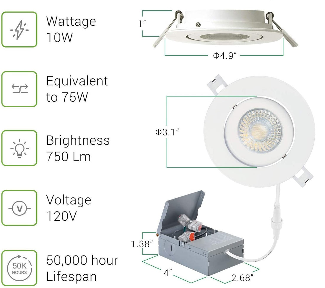 Strak Led Gimbal White 4" Integrated Slim Panel 7w, 560 Lumens 4000k (Natural White), Dimmable, Led Recessed Light Kit in White with Junction Box,CETL/ETL certified ,1 PK